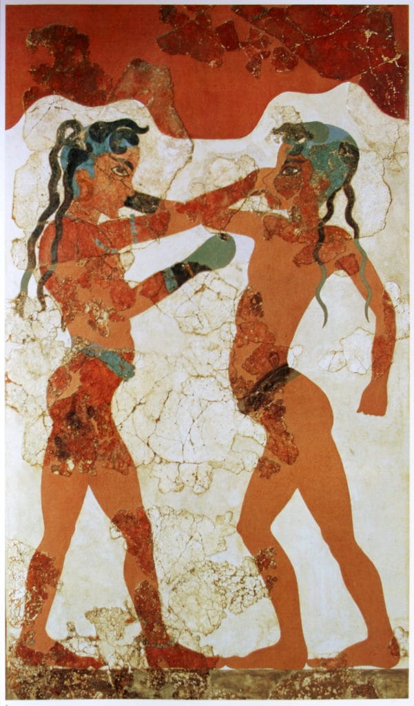 На греческой живописи 1600 г. до н.э. изображены двое детей с поясом и боксерскими перчатками.